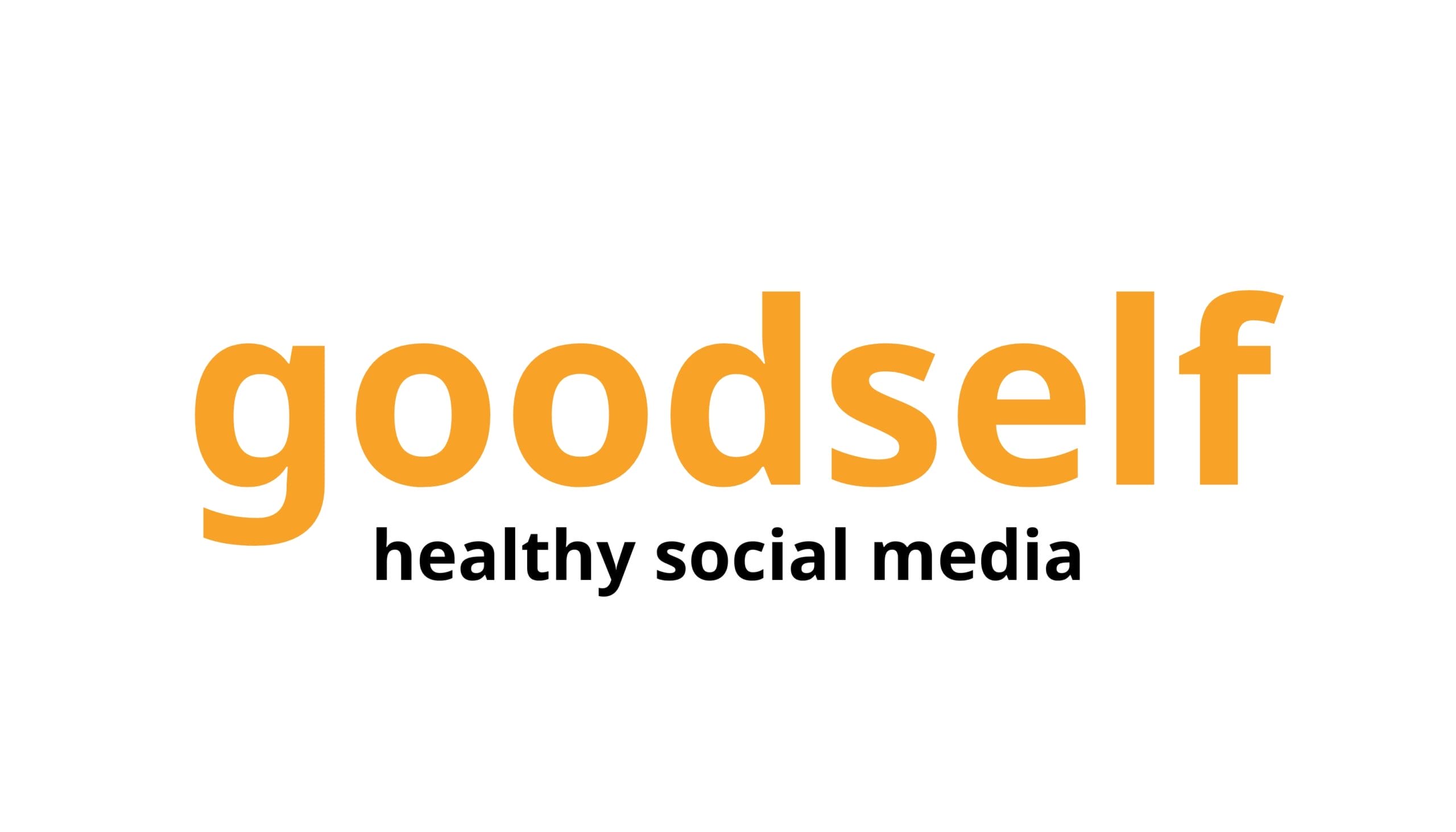 Logo with the word "goodself" in orange lowercase letters and the slogan "healthy social media" in black lowercase letters underneath.