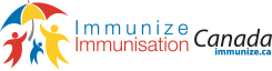 Logo of Immunize Canada featuring a red, yellow, and blue umbrella held by three stylized figures of different colors. The text reads "Immunize Immunisation Canada.