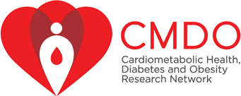 Logo for CMDO, Cardiometabolic Health, Diabetes and Obesity Research Network, featuring a stylized heart and drop design in red and white.
