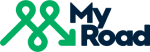A logo featuring the text "MyRoad" in blue, with intertwined green lines resembling a road map to the left.
