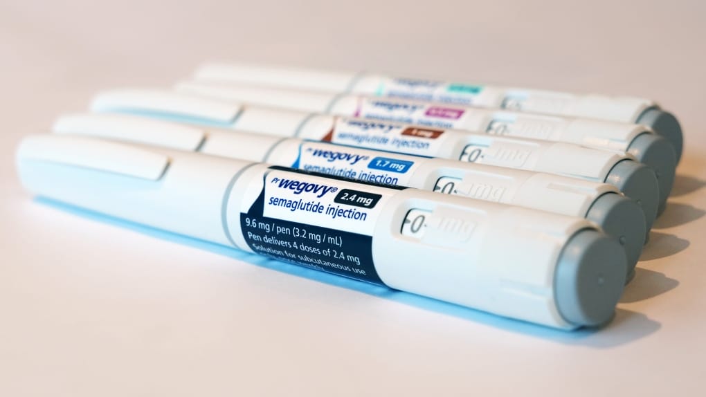 Three wegovy injection pens for diabetes treatment displayed on a light background, focusing on the labels and dosage information.